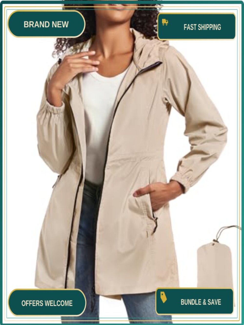 Packable Long Rain Jacket Hood Waterproof Trench Raincoat